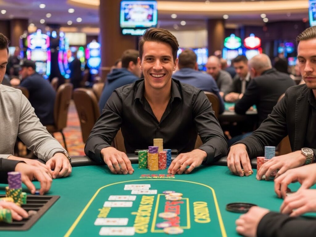 Smiling poker player holding cards and chips at Primogaming