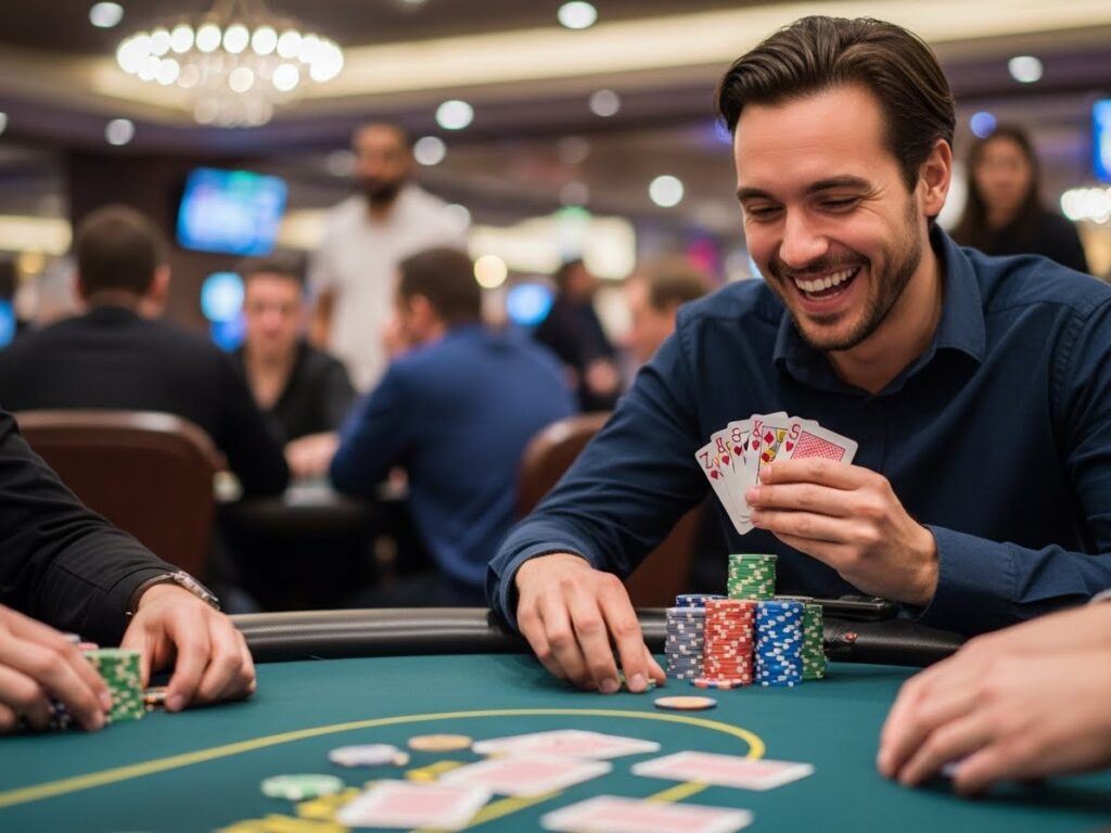Happy person enjoying online poker games on Primogaming