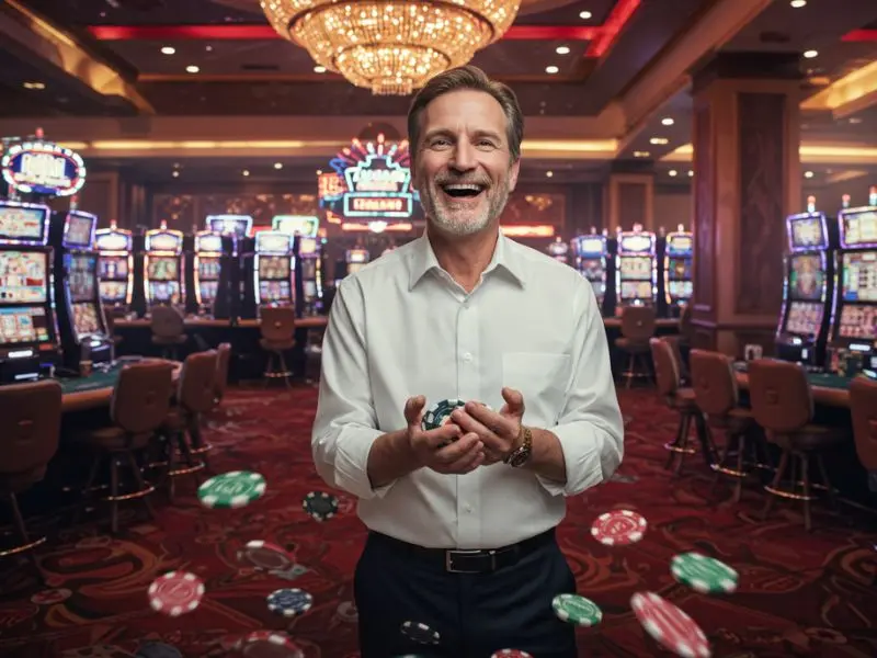  Excited man holding a stack of casino chips at Super Ace Casino
