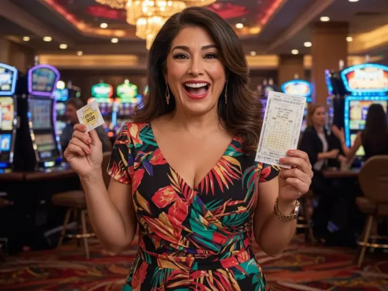 Happy woman holding a winning lottery ticket at Super Ace Casino