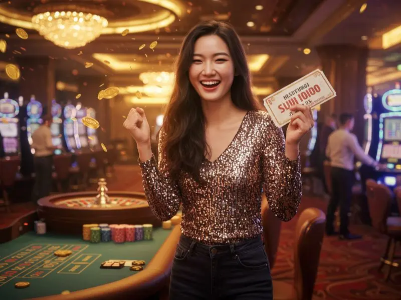 Smiling woman with a winning ticket at Super Ace Casino