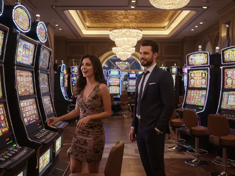 Man and woman happily playing in an online casino