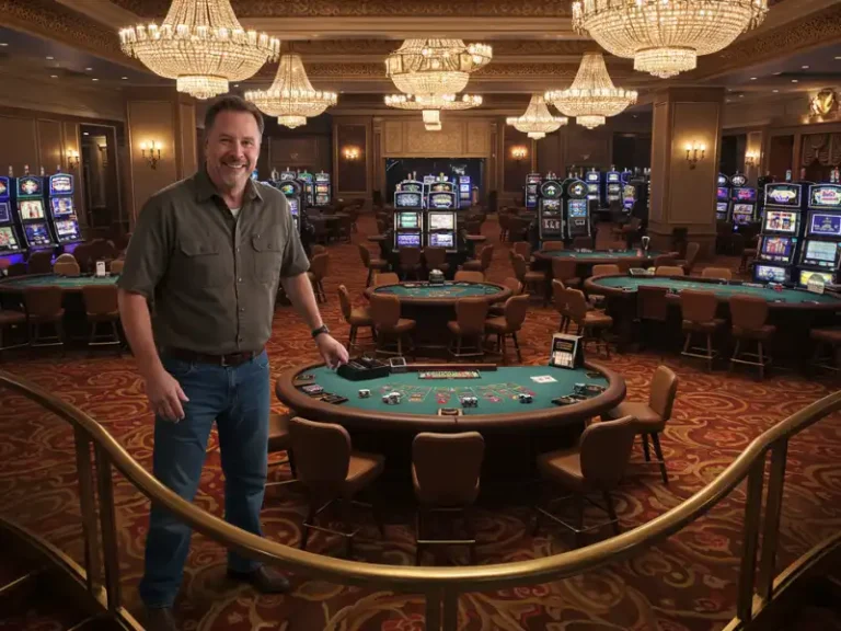 Happy man winning big on slot machine at Crazywin Casino