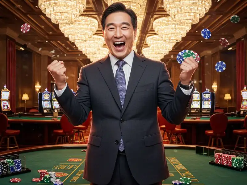 Phrush Casino: Happy Man Wins Poker Holding Chips