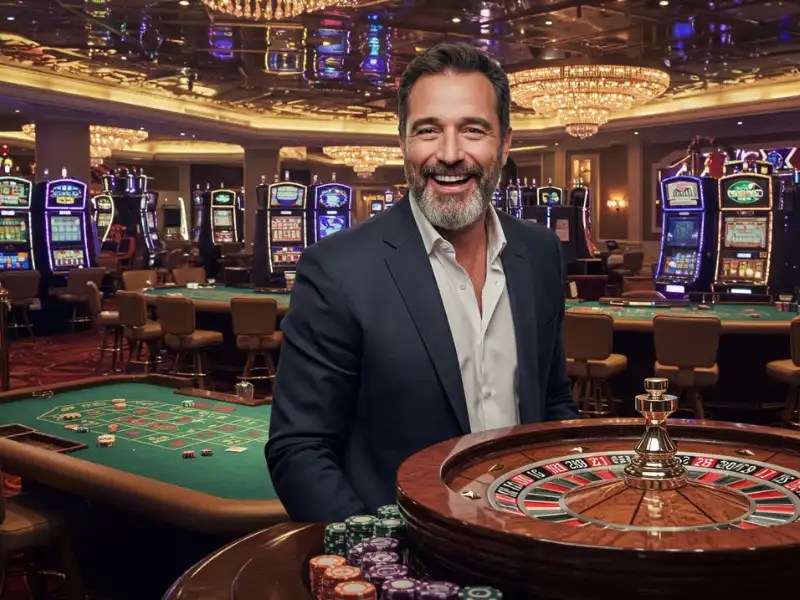 Happy man winning big in Pusoy Go slot game