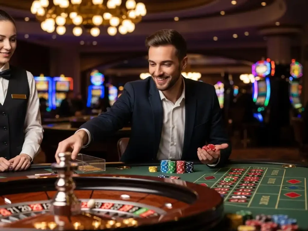 Excited person betting on roulette online