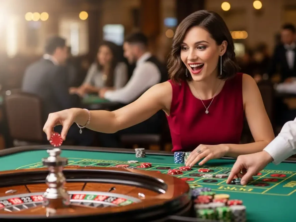 Happy casino player winning at roulette