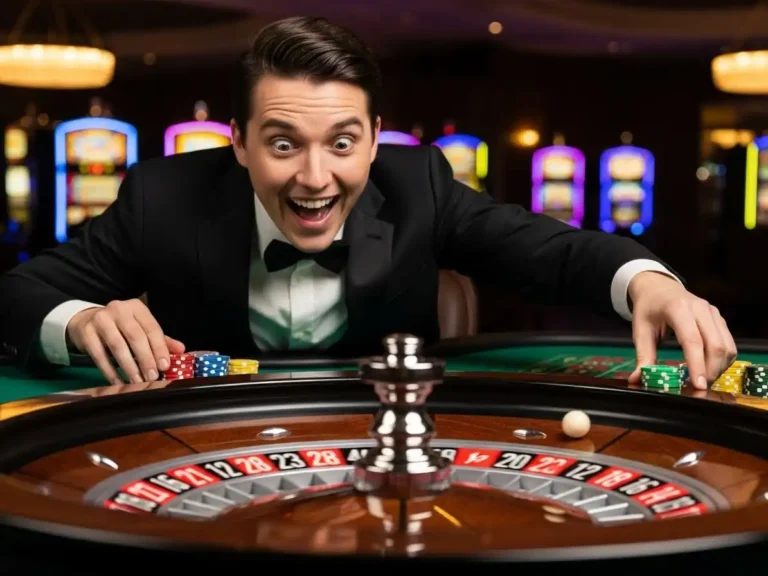 Happy person playing roulette at online casino