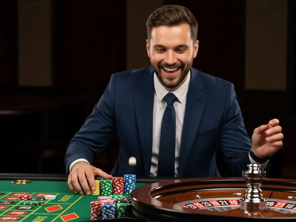 Smiling player celebrating while spinning roulette wheel