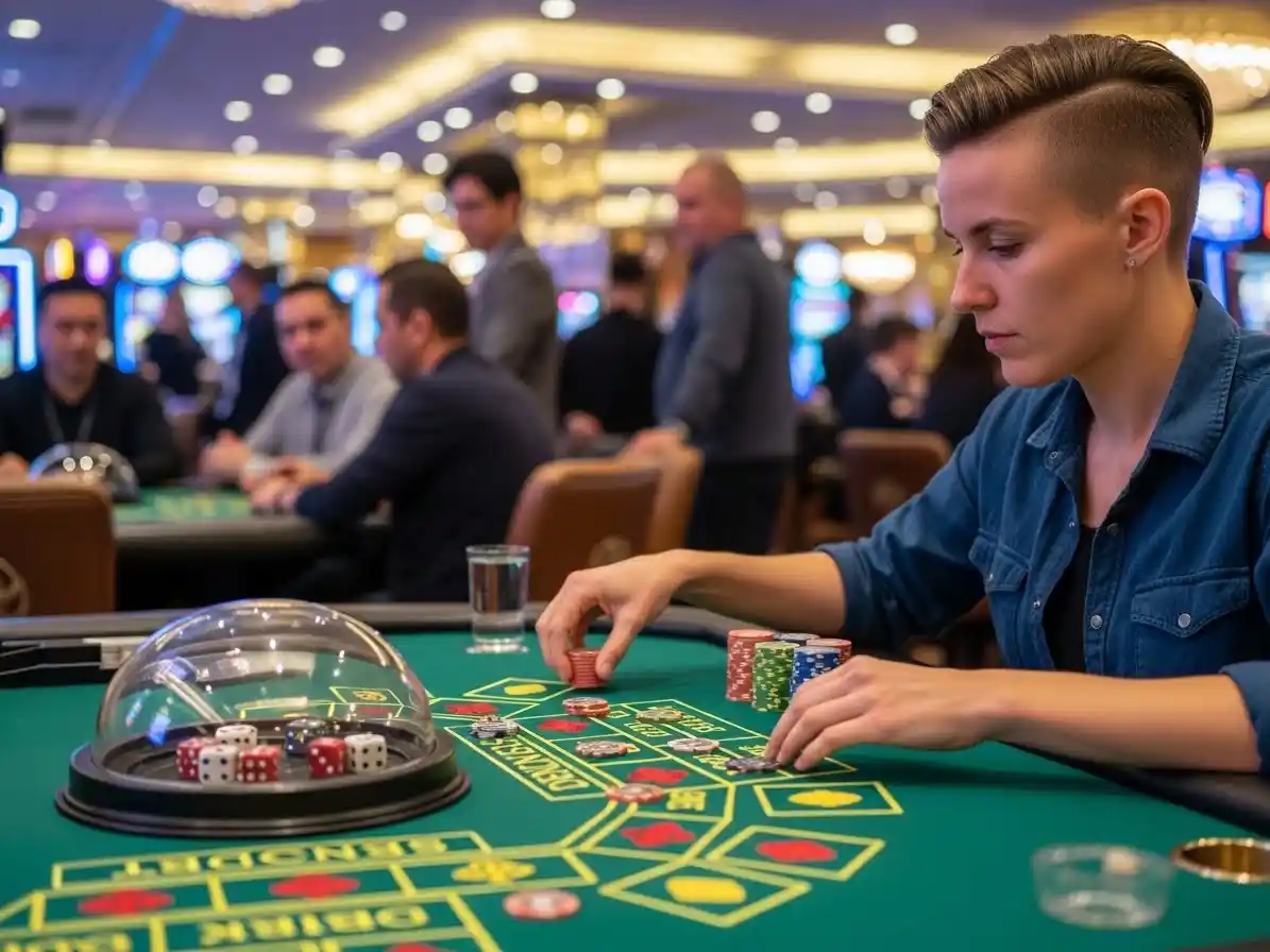 Person playing casino Sic Bo while engaging with gaming communities