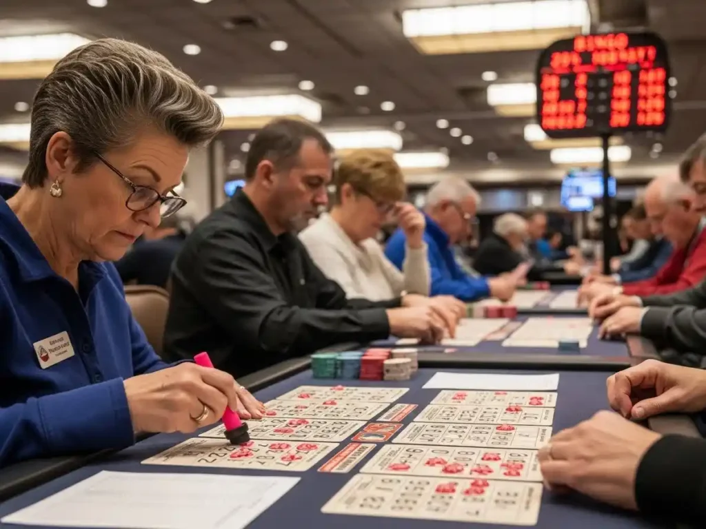 Close-up of hands holding gaming tools during casino bingo