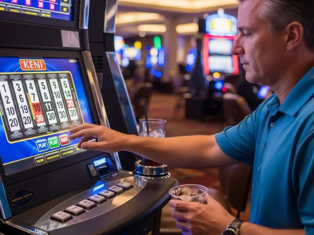 Focused player engaging in casino Keno with gaming systems