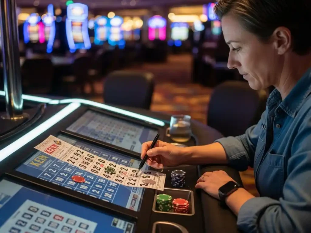 Close-up of hands interacting with gaming systems during casino Keno