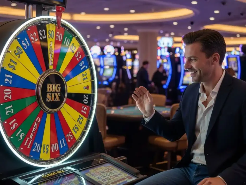 Close-up of hands spinning Big Six Wheel at 777 Pub Online Casino