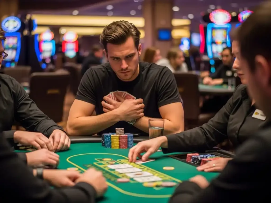 Focused poker player at 777 Bet Online Casino table