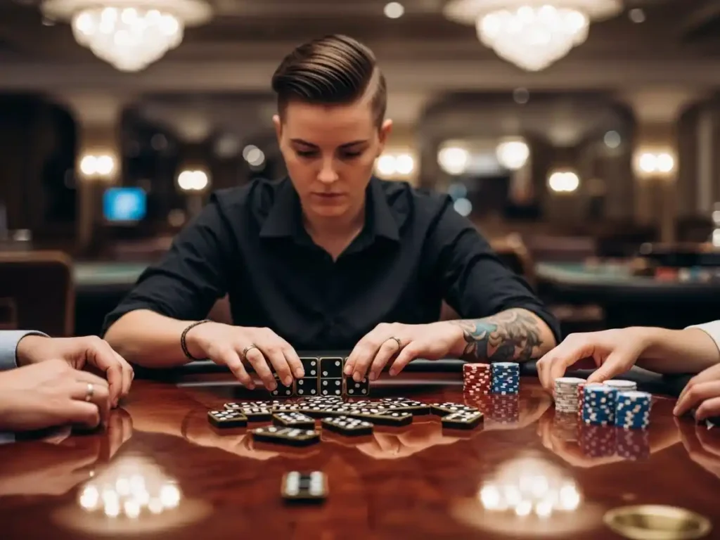 Close-up of hands arranging domino tiles at Jackpot City Online Casino