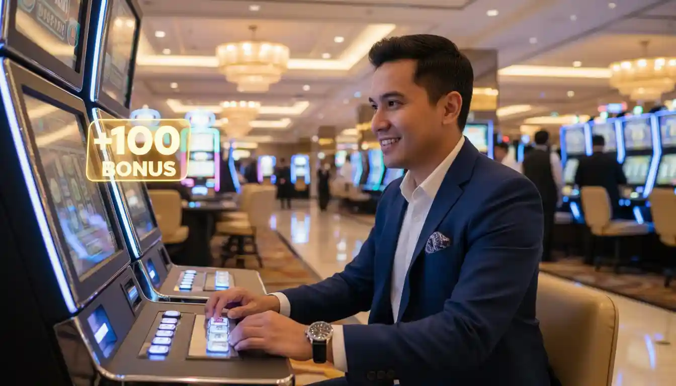 Filipino player inside a modern casino smiling while enjoying a new member register free 100 and slot machines in the background.