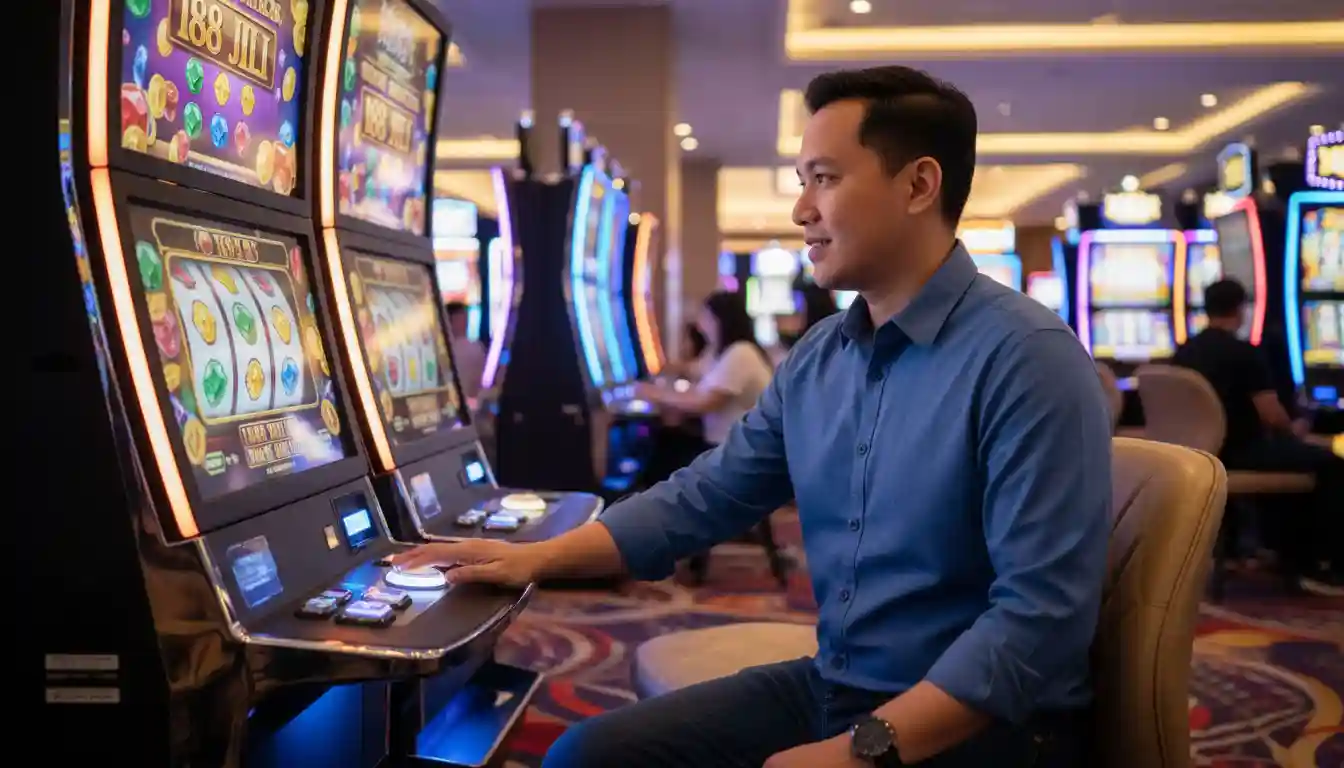 Filipino player inside a modern casino playing a colorful 188 JILI-style slot machine with vibrant gold and gem symbols on screen.