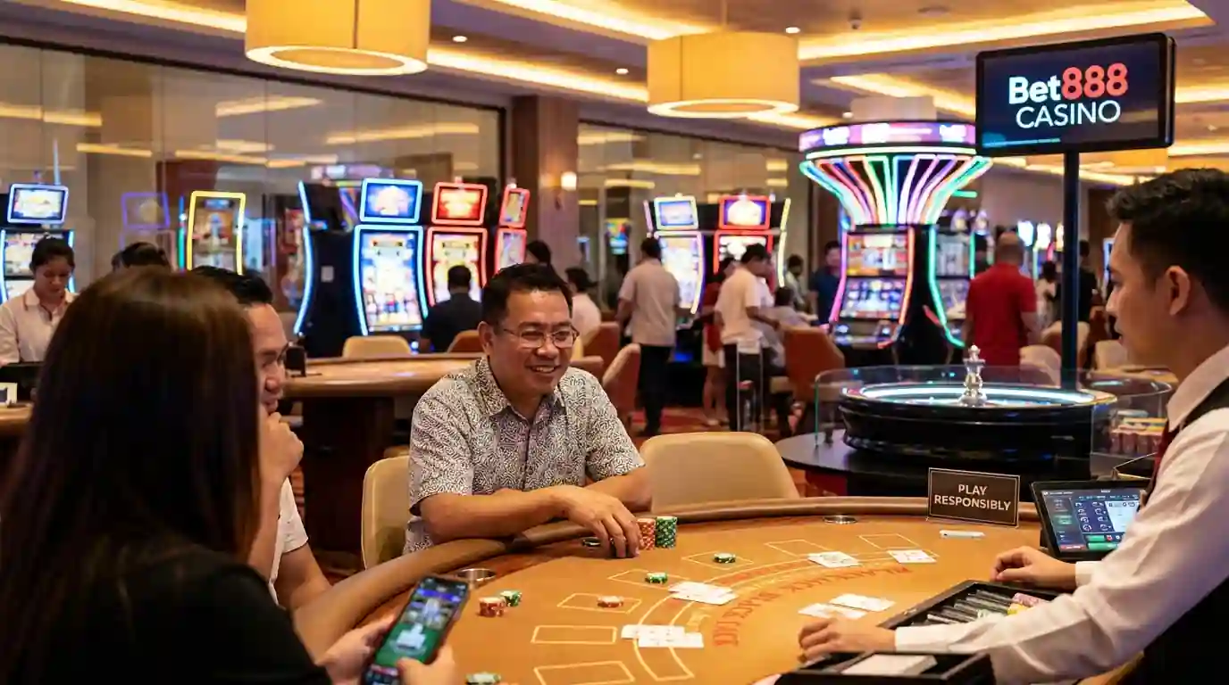 Filipino adult playing blackjack at a modern casino table with colorful slot machines and roulette wheel in the background, representing online gaming with Bet888.
