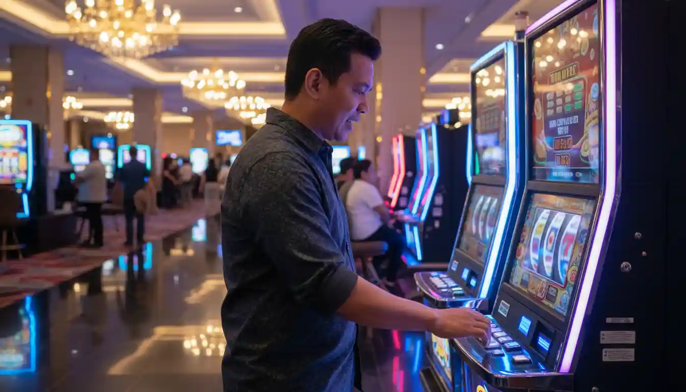 Filipino player smiling while playing Jili77 in a slot machine inside a modern casino with bright lights and colorful gaming machines.