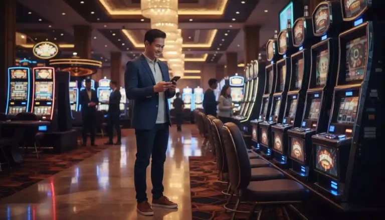 Filipino player inside a modern casino using a smartphone to play jilihot online casino games with bright slot machines in the background.