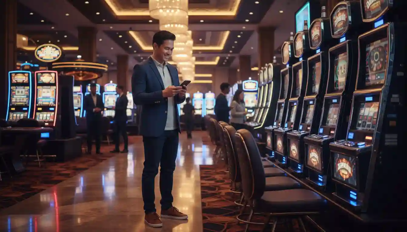 Filipino player inside a modern casino using a smartphone to play jilihot online casino games with bright slot machines in the background.