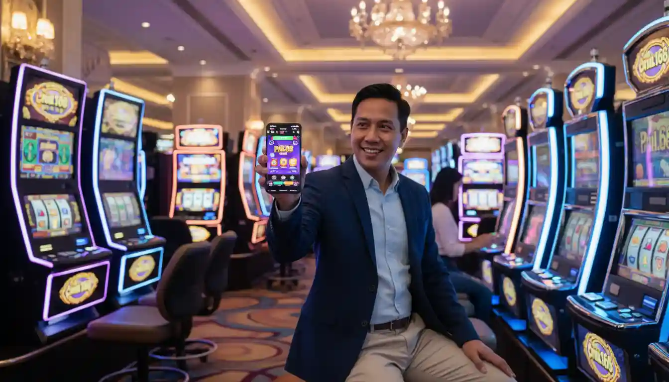 Filipino player inside a modern casino using a smartphone to play phil168 with slot machines glowing in the background.