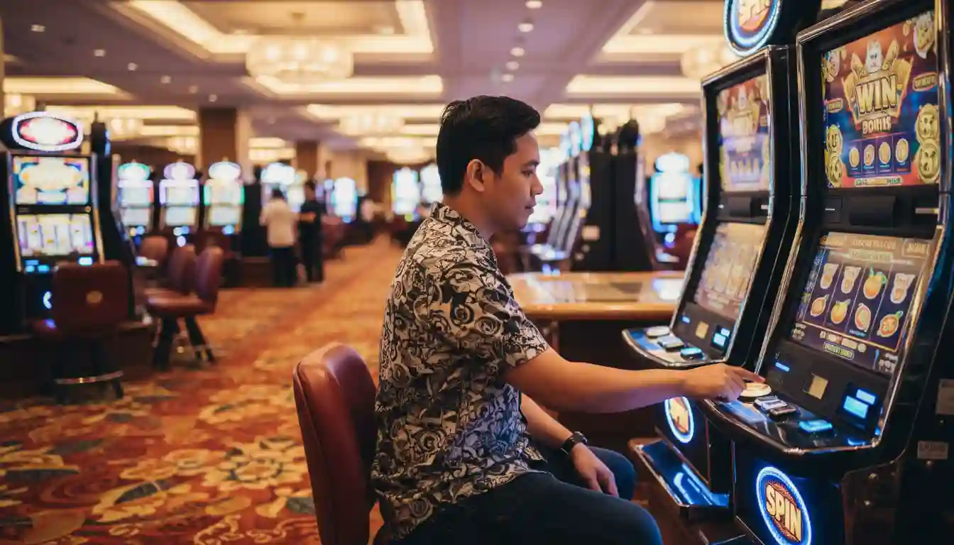 Filipino player inside a modern casino using a brightly lit slotph machine with colorful game graphics.