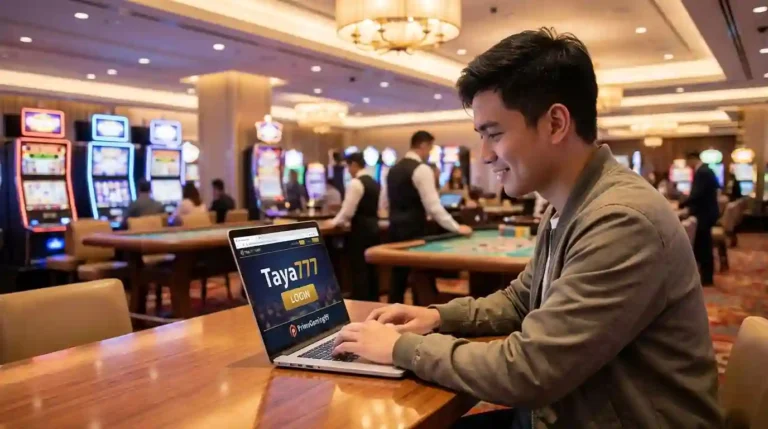 A young Filipino adult logging into their Taya777 Login account on a smartphone inside a modern casino, with slot machines and gaming tables in the background.