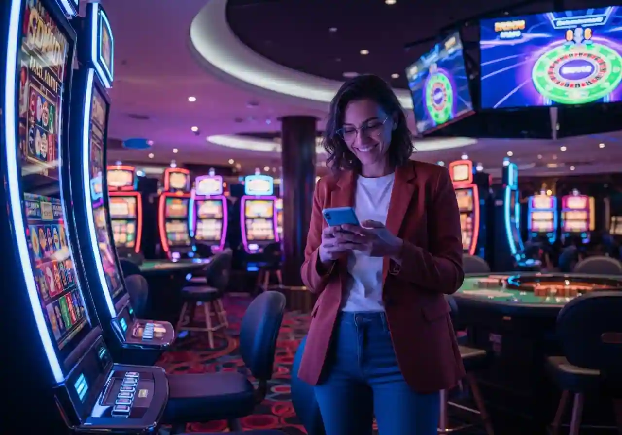 Person using a smartphone to play cloud gaming inside a modern casino with slot machines and neon lights in the background.