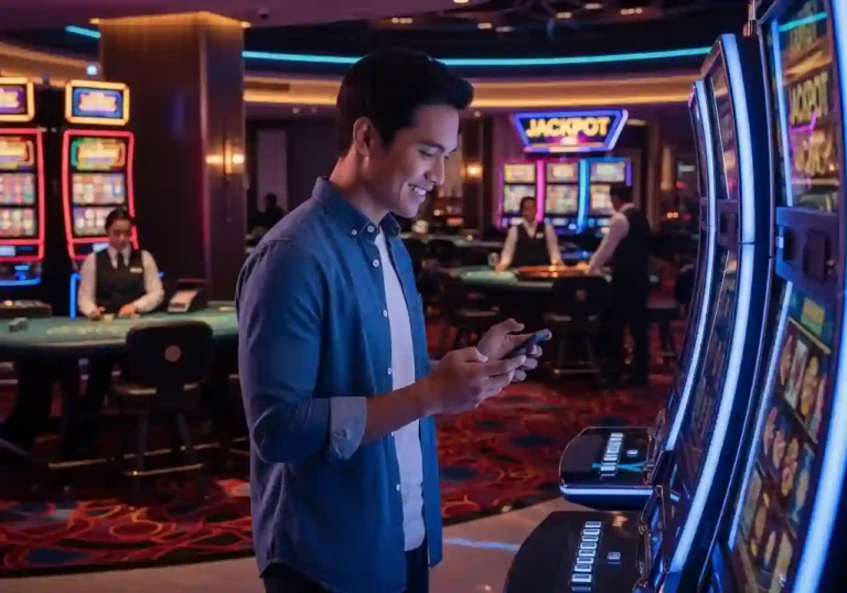Filipino player inside a modern casino gaming hub using a slot machine while holding a smartphone, with live roulette and blackjack tables in the background.