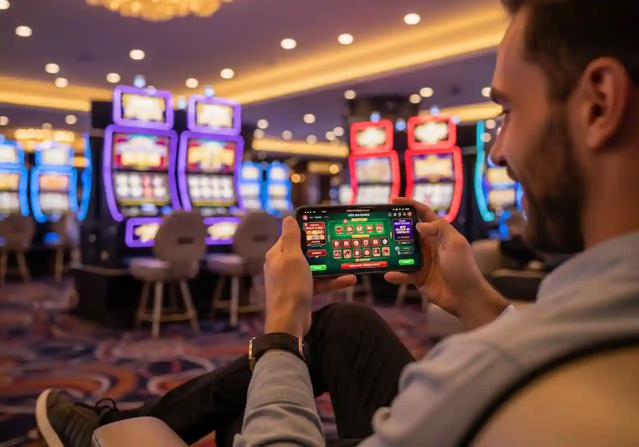 Person inside a modern casino playing mobile gaming on a smartphone with slot machines glowing in the background.