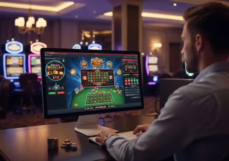 Person playing PC gaming on PrimoGaming99 in a desktop setup inside a casino environment.