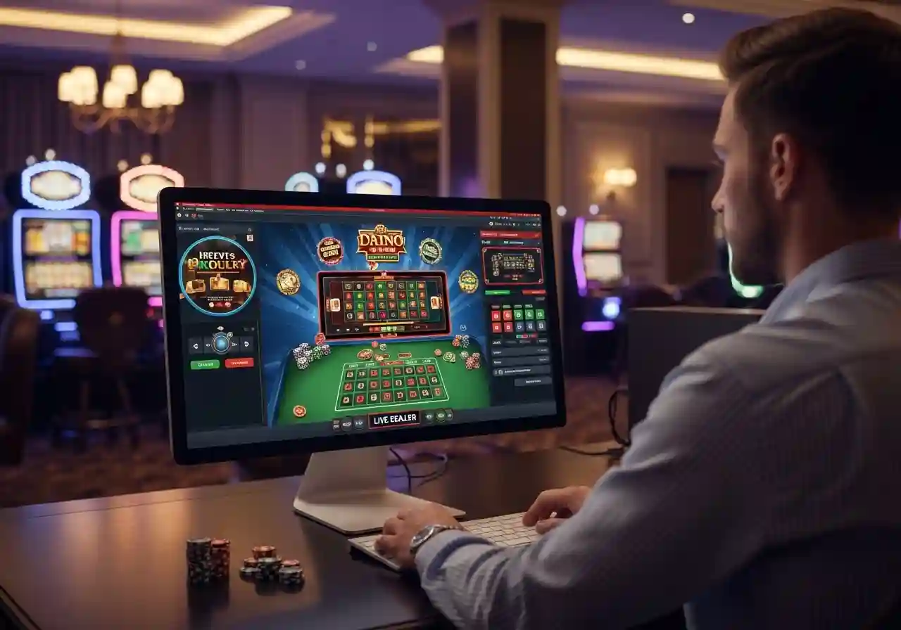 Person playing PC gaming on PrimoGaming99 in a desktop setup inside a casino environment.