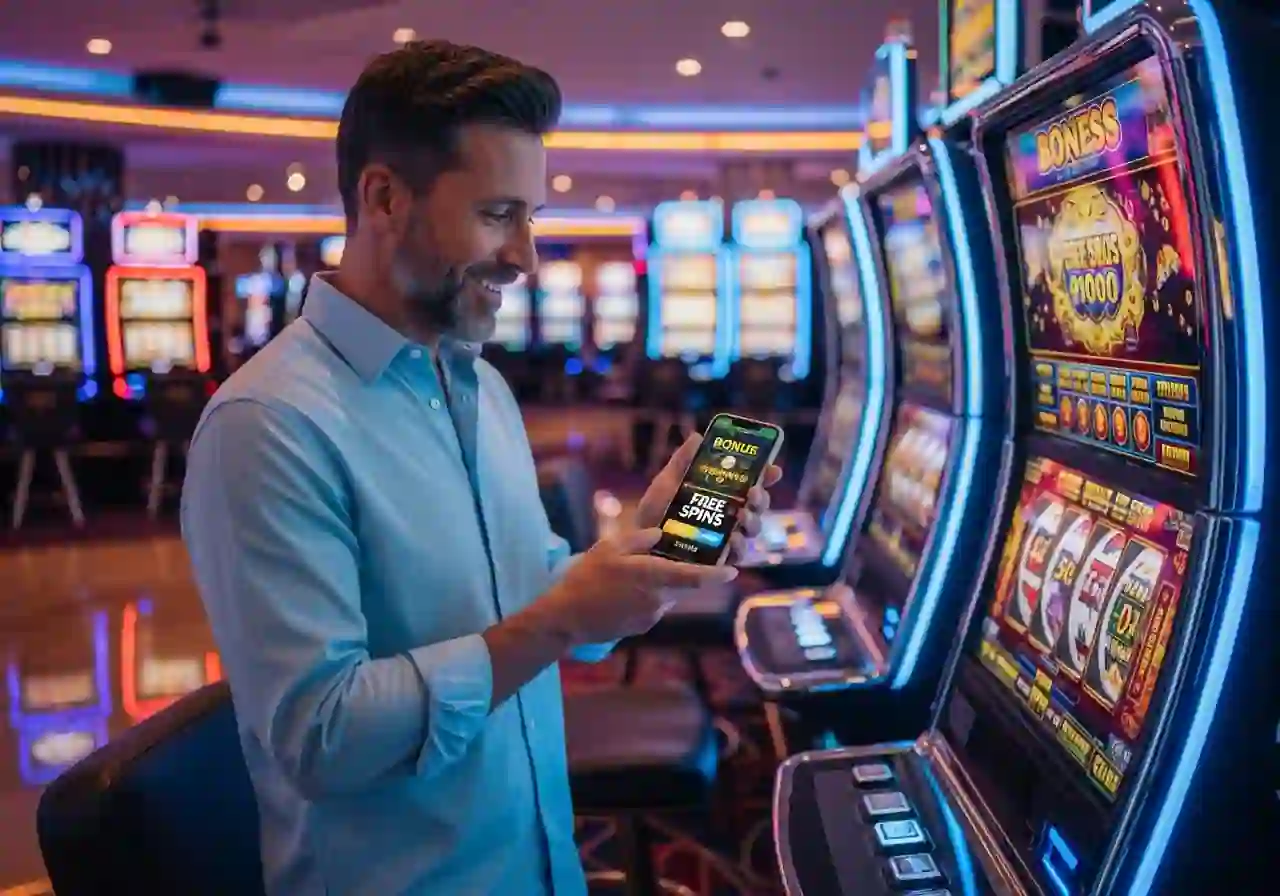 Person inside a modern casino using a smartphone to claim primogaming99 discount bonuses, free spins, and cashback offers.