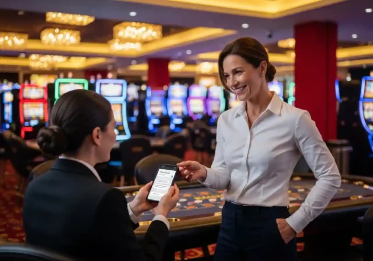 Person inside a modern casino using smartphone live chat for primogaming99 help support.