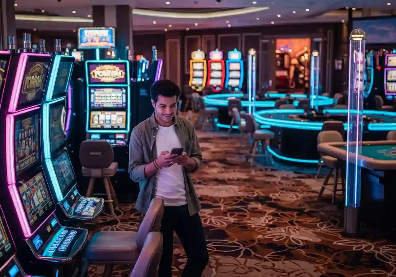 Person using smartphone paying a primogaming99 platform inside a modern casino with bright slot machines and gaming tables in the background.