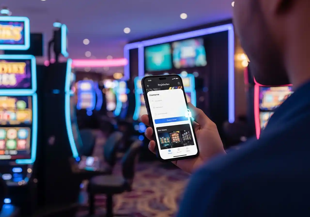 The person is holding a smartphone and looking at the screen confidently for a primogaming99 setup