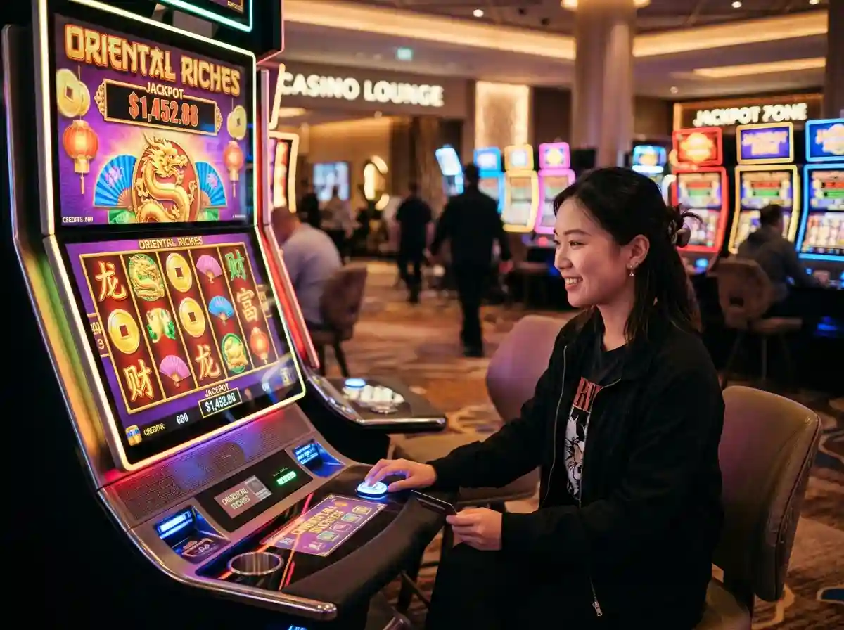 jili try out player enjoying free slot game inside a modern casino environment