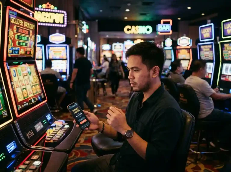 Filipino player inside a casino reviewing jilino1 new site on smartphone with caution