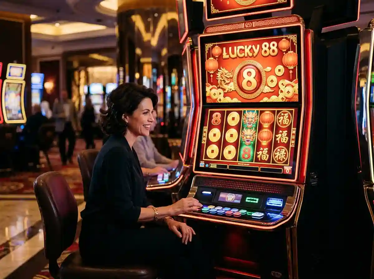 Person playing lucky 88 slot machine inside a modern casino with glowing reels and exciting atmosphere